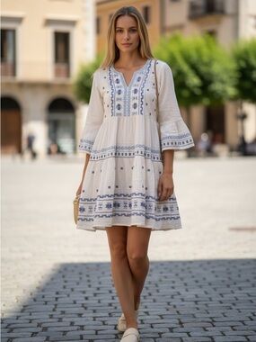 Fat Face White Mini Dress with Blue Embroidery